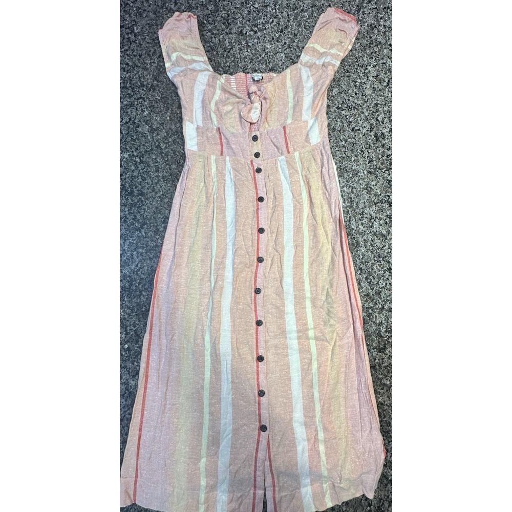 O'Neill Coral Pink Orange Striped Button LINEN Boho‎ Elijah Woven Midi Dress L